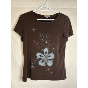 Pierre Cardin Femme Brown Floral Graphic Tee Short Sleeve Women's M/M